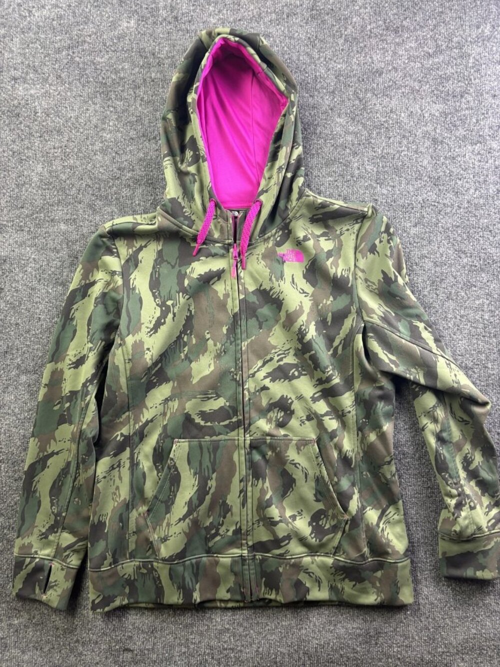 The North Face Green Camo Zip Hoodie with Pink Lining
